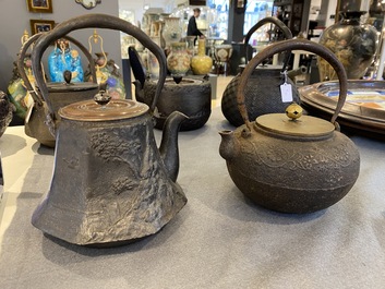 Six Japanese cast iron 'tetsubin' kettles, Meiji, 19/20th C.