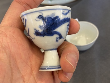 Four Chinese blue and white 'Hatcher cargo' bowls and three stem cups, Transitional period