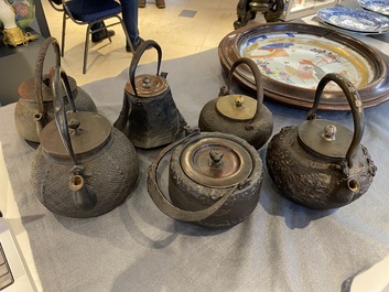 Six Japanese cast iron 'tetsubin' kettles, Meiji, 19/20th C.