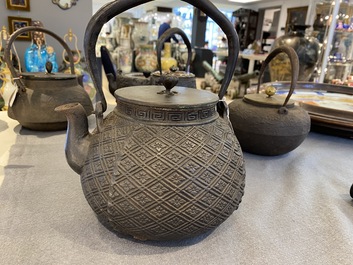 Six Japanese cast iron 'tetsubin' kettles, Meiji, 19/20th C.
