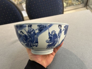 A Chinese blue and white 'immortals' bowl, Shen De Tang Bo Gu Zhi 慎德堂博古製 mark, Kangxi
