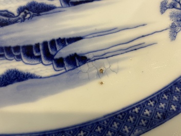 A large Chinese blue and white dish with a fine landscape, Qianlong