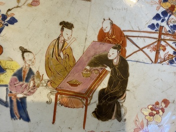 A large Chinese rose-Imari 'tea drinkers' dish, Yongzheng