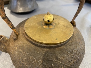Six Japanese cast iron 'tetsubin' kettles, Meiji, 19/20th C.