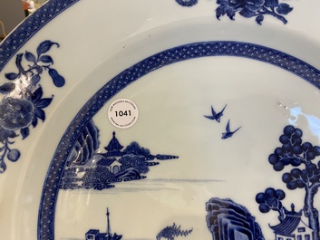 A large Chinese blue and white dish with a fine landscape, Qianlong