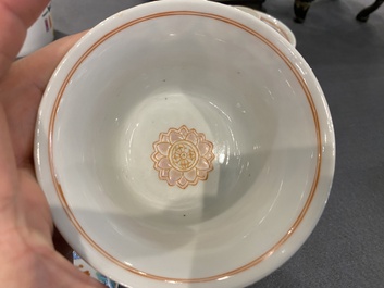A pair of Chinese famille rose covered bowls on stands, Baragon Tumed mark, 19/20th C.