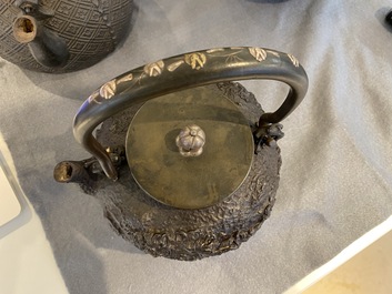 Six Japanese cast iron 'tetsubin' kettles, Meiji, 19/20th C.