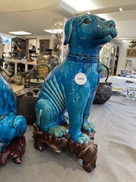 A Chinese turquoise-glazed cat and a dog on wooden stands, 19th C.