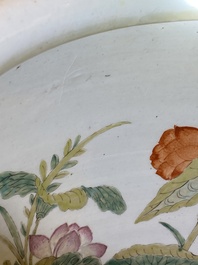 A large Chinese famille rose fish bowl on wooden stand, 19th C.
