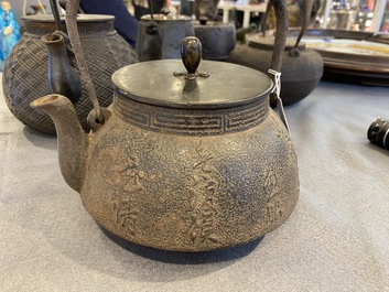 Six Japanese cast iron 'tetsubin' kettles, Meiji, 19/20th C.