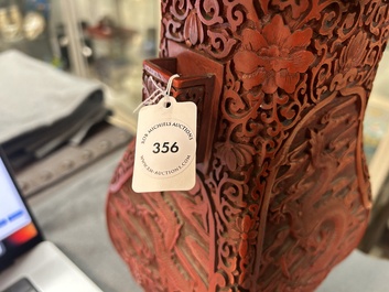 A Chinese red cinnabar lacquer 'fanghu' vase, 19/20th C.