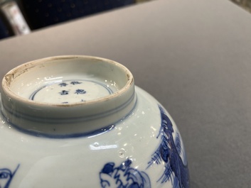 A Chinese blue and white 'immortals' bowl, Shen De Tang Bo Gu Zhi 慎德堂博古製 mark, Kangxi