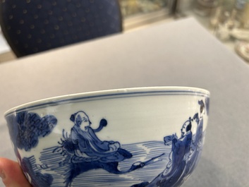 A Chinese blue and white 'immortals' bowl, Shen De Tang Bo Gu Zhi 慎德堂博古製 mark, Kangxi