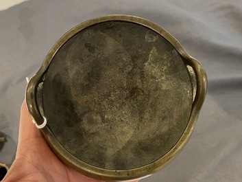Three Chinese bronze censers and a silver-inlaid bronze vase, Qing