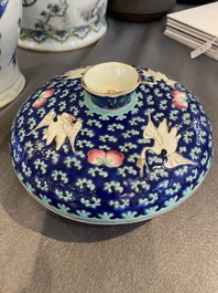 A Chinese famille rose blue-ground spice box and cover for the Straits or Peranakan market, 19th C.