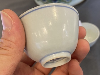 Four Chinese blue and white 'Hatcher cargo' bowls and three stem cups, Transitional period