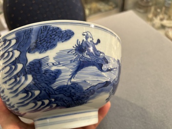 A Chinese blue and white 'immortals' bowl, Shen De Tang Bo Gu Zhi 慎德堂博古製 mark, Kangxi