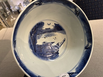 A Chinese blue and white 'immortals' bowl, Shen De Tang Bo Gu Zhi 慎德堂博古製 mark, Kangxi