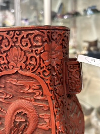 A Chinese red cinnabar lacquer 'fanghu' vase, 19/20th C.