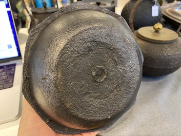 Six Japanese cast iron 'tetsubin' kettles, Meiji, 19/20th C.