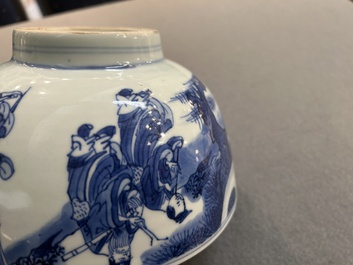 A Chinese blue and white 'immortals' bowl, Shen De Tang Bo Gu Zhi 慎德堂博古製 mark, Kangxi
