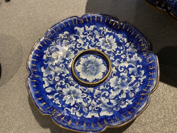 A Chinese blue-ground Canton enamel basin and a covered bowl on stand, Qianlong/Jiaqing