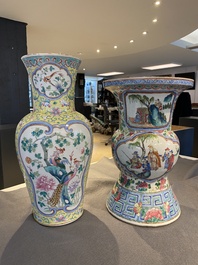 A Chinese famille rose yellow-ground 'phoenix' vase and a large spittoon, 19th C.