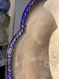 A Chinese blue-ground Canton enamel basin and a covered bowl on stand, Qianlong/Jiaqing