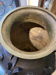 A rare massive Chinese archaistic bronze 'lei' wine vessel with inscription, Song