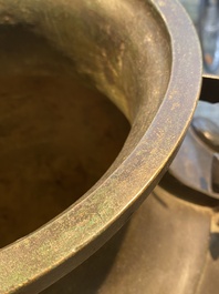 A rare massive Chinese archaistic bronze 'lei' wine vessel with inscription, Song