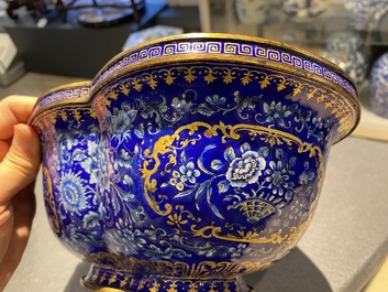 A Chinese blue-ground Canton enamel basin and a covered bowl on stand, Qianlong/Jiaqing