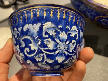 A Chinese blue-ground Canton enamel basin and a covered bowl on stand, Qianlong/Jiaqing