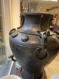 A rare massive Chinese archaistic bronze 'lei' wine vessel with inscription, Song