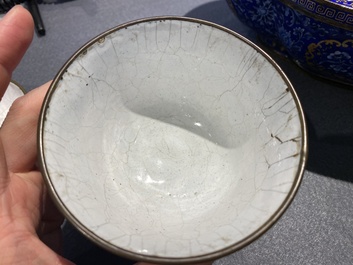 A Chinese blue-ground Canton enamel basin and a covered bowl on stand, Qianlong/Jiaqing