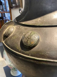 A rare massive Chinese archaistic bronze 'lei' wine vessel with inscription, Song