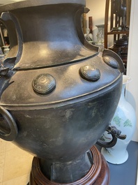 A rare massive Chinese archaistic bronze 'lei' wine vessel with inscription, Song