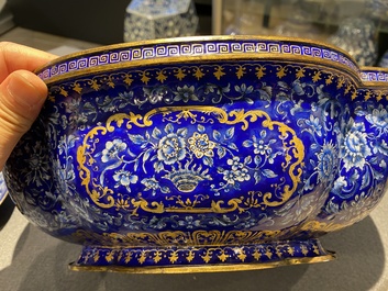 A Chinese blue-ground Canton enamel basin and a covered bowl on stand, Qianlong/Jiaqing