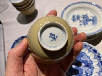 Eleven Chinese blue and white cups and ten saucers, Kangxi