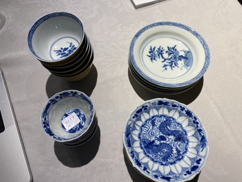 Eleven Chinese blue and white cups and ten saucers, Kangxi