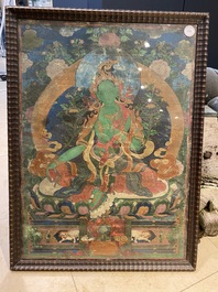 Thangka figurant Tara Verte, Tibet, 17&egrave;me
