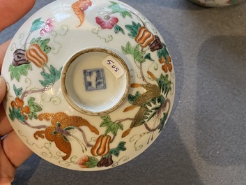 A Chinese famille rose 'butterflies' bowl and cover, Jia Qing Nian Zhi 嘉慶年製 mark, 19/20th C.