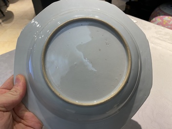 Eight octagonal Chinese famille rose plates with a boat on the water, Qianlong