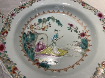 Eight octagonal Chinese famille rose plates with a boat on the water, Qianlong