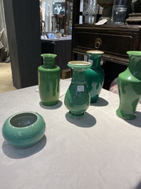 Four Chinese green-glazed vases and a brush washer, 19/20th C.