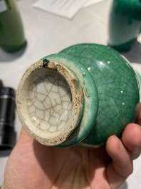 Four Chinese green-glazed vases and a brush washer, 19/20th C.