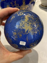 Three Chinese blue and white, crackle-glazed and powder-blue vases, 19th C.