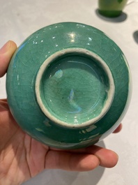 Four Chinese green-glazed vases and a brush washer, 19/20th C.