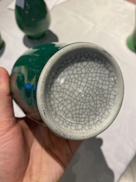 Four Chinese green-glazed vases and a brush washer, 19/20th C.