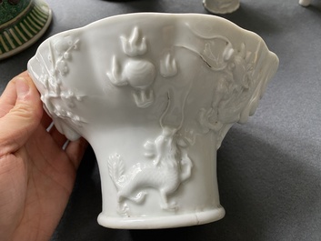 A Chinese blanc de Chine censer and two libation cups, 19/20th C.