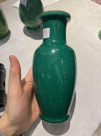 Four Chinese green-glazed vases and a brush washer, 19/20th C.